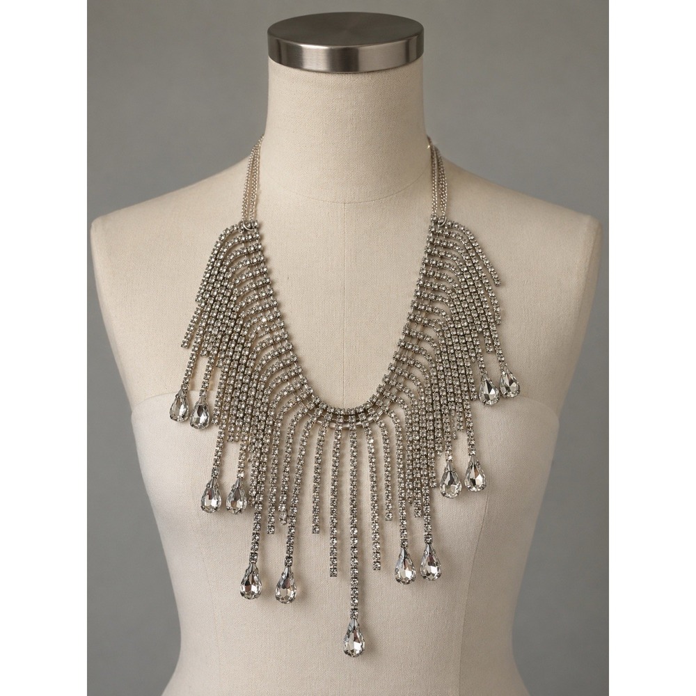 Silver Waterfall Necklace Rhinestone Bib Collar with Crystal Drop Fringe